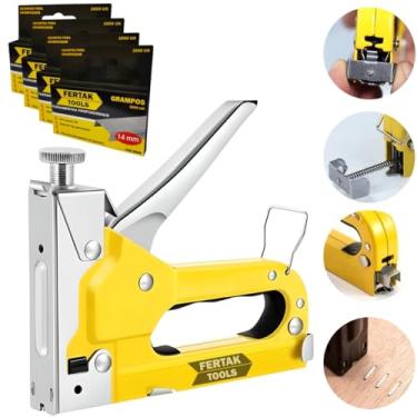 Imagem de Grampeador Manual Profissional Tapeceiro Madeira Pressão + 4000 Grampos 14mm