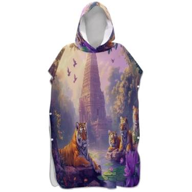 Imagem de Joisal Poncho de surfe absorvente para adultos trocador com capuz toalha de praia impressão Jungle Tigers roxo poncho masculino com capuz
