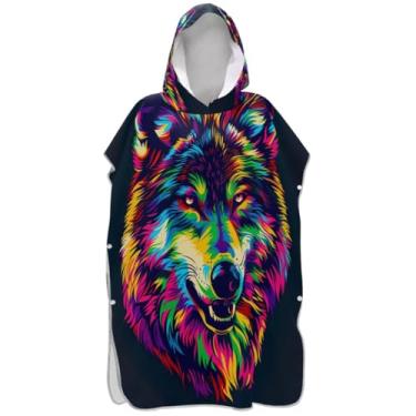 Imagem de Joisal Poncho de surfe para trocador de roupas de banho de praia com capuz leve aquarela estampa de cabeça de lobo masculino e feminino poncho com capuz