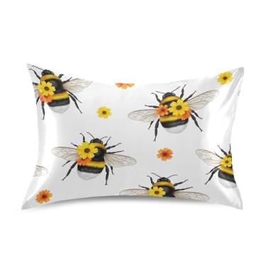 Imagem de Fronhas Engraçadas Abelhas Amarelas Flor Branca Padrão Queen King Fronhas Cetim Refrigeração para Casa Cama Sofá Impresso King Size 101,6 cm x 50,8 cm