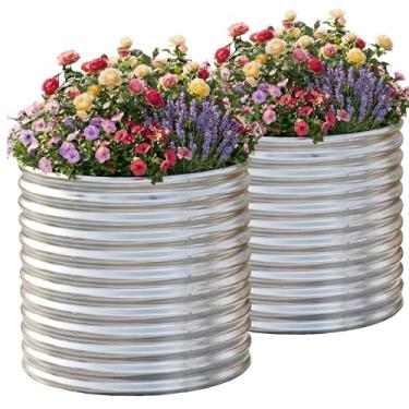 Imagem de AHEONLAR Pacote com 2 canteiros redondos galvanizados de 0,9 x 0,9 m x 0,9 m, caixa de plantador de metal para vegetais, canteiros elevados de aço para jardinagem