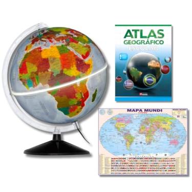 Imagem de GLOBO TERRESTRE FÍSICO POLÍTICO LUMINOSO BASE PRETA 30CM + ATLAS GEOGRÁFICO + MAPA MUNDI