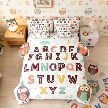 Imagem de Feelyou Conjunto de edredom infantil alfabeto ABC Learning com 7 peças, solteiro, desenho animado de corujas, para crianças, meninos, meninas, arte de berçário, cama em uma bolsa, decoração de quarto