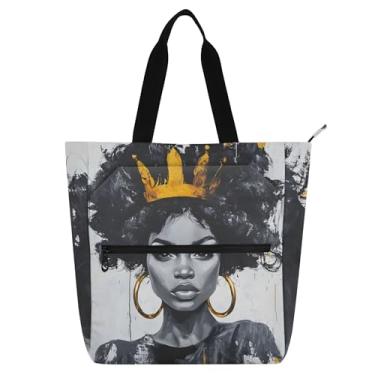Imagem de GAIGEO Bolsa feminina com pintura coroa dourada preta Queen Bolsa de trabalho de lona para escola universitária bolsa de viagem com compartimentos