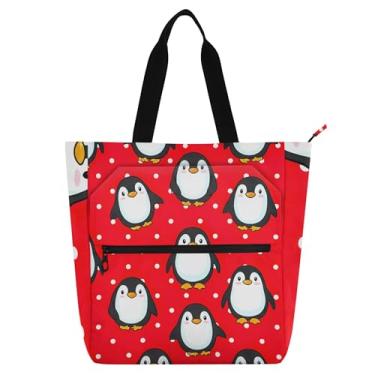 Imagem de GAIGEO Linda sacola de pinguins vermelha e branca para crianças com zíper – Bolsa reutilizável para viagem escolar e trabalho, bolsa de presente personalizada