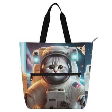 Imagem de Bolsas de trabalho engraçadas com estampa de gato espacial para mulheres, bolsas de tecido universitário, escola, livros, presentes