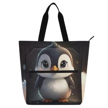 Imagem de Sacola feminina bonita de desenho animado pinguim balck para trabalho, lona, praia, livros, zíper, bolsas para professores, amantes de livros, presentes