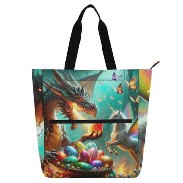 Imagem de Bolsas de trabalho femininas de dragão unicórnio ovos de Páscoa bolsa de lona para escola universitária bolsas de uso diário para amantes de livros presente