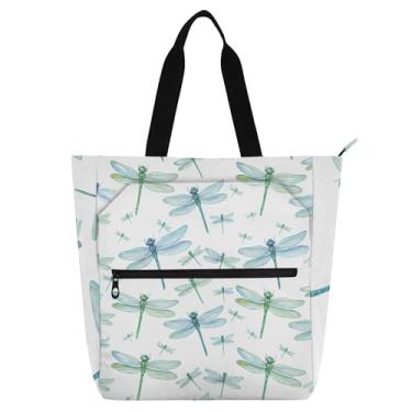 Imagem de GAIGEO Delicada Libélulas Azul Verde Bolsa de Trabalho para Mulheres Sacola de Lona Bolsa de Lona Faculdade Escolar Senhoras Crianças Bolsa com Compartimentos