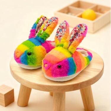 Imagem de Chinelos infantis para meninos e meninas, sapatos de casa de coelho, antiderrapante, quente, macio, para inverno, felpudo, para uso interno, arco-íris, Multi, 12-13 Little Kid
