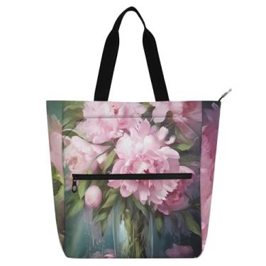 Imagem de Bolsa de trabalho feminina buquê de peônias rosa bolsa de lona com zíper bolsa de praia para professores bolsas para amantes de livros presentes