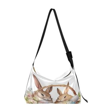 Imagem de Bolsa tiracolo vegana Two Bunny Rabbits Sitting in Basket, bolsa de ombro de couro sintético, bolsa tiracolo masculina, Coelhinhos da Páscoa em cesta com flores - 1, One Size