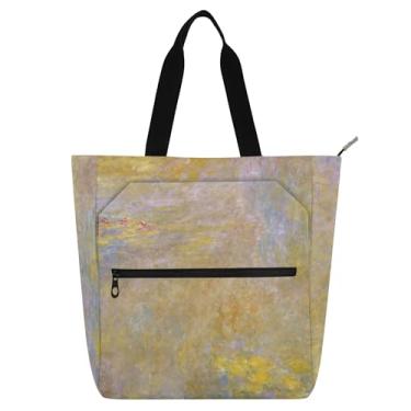 Imagem de Claude Monet Water Lily Painting Sacolas femininas de tecido de lona para trabalho Bolsas de professores universitários para professores de livros presentes