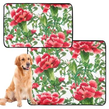 Imagem de Almofadas de xixi de folhas verdes de cravos florais vermelhos para cães, laváveis e reutilizáveis, à prova d'água, antiderrapantes, absorventes para cães, almofadas de penico, médio + grande