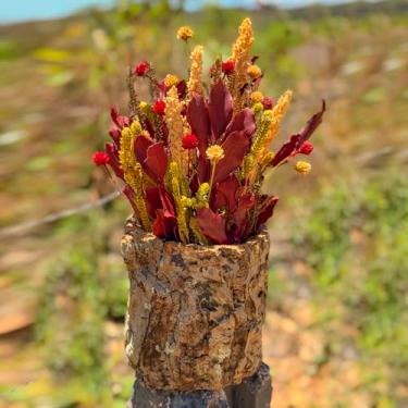 Imagem de Arranjo Decorativo Rústico com Tronco Natural e Flores Sempre-Vivas, Artesanal