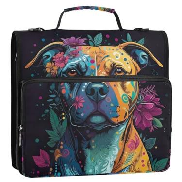 Imagem de Pasta de 3 anéis com 3 argolas para cães Pitbull colorida resistente com zíper com zíper para ensino médio com alça para negócios, vários bolsos, pasta grande para portfólio