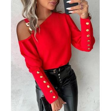 Imagem de Blusa Feminina Elegante Com Manga Lanterna E Botões, Gola O, Casual Pa