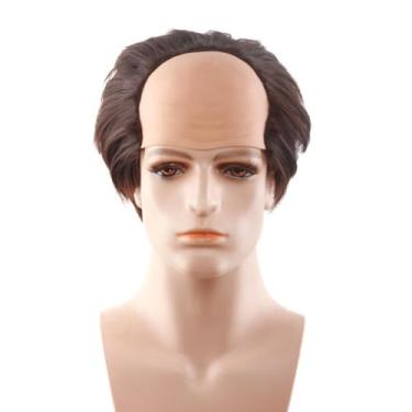 Imagem de Touca careca com cabelo careca, peruca branca curta encaracolada de cabeça de velho careca, touca de homem velho, trapézio de cabelo macio sintético, para cosplay de fantasia, para mulheres e homens