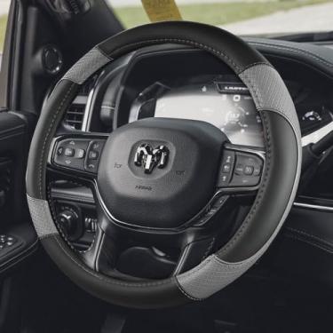 Imagem de KEAIDAP Capa de volante para Dodge RAM 1500, 2500, 3500 - Acessório automotivo de couro de microfibra premium com aderência antiderrapante, durabilidade robusta e atualização interna, 39.4-40.6 cm