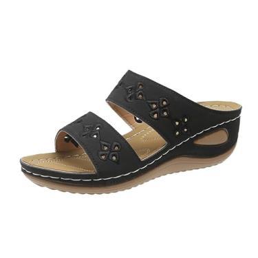 Imagem de Sandálias femininas de bico aberto, sola grossa, antiderrapante, leve, cor sólida, sandália de peixe-mouth, preta, Preto, 36