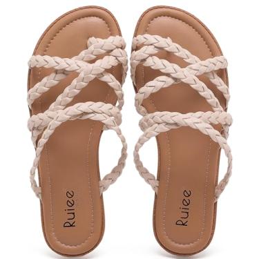 Imagem de Ruiee Sandálias planas de largura larga para mulheres, verão casual trançado pés largos chinelos confortáveis chinelos de dedo aberto praia tanga feminina sandálias., Nude Pu 780, 10 X-Wide