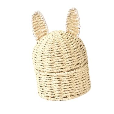 Imagem de Baoblaze Cesto organizador de ovos de Páscoa com orelhas de trançadas à mão, peça central criativa para mesa, caixa de brinquedos com tampa, ornamento, Orelha Branca