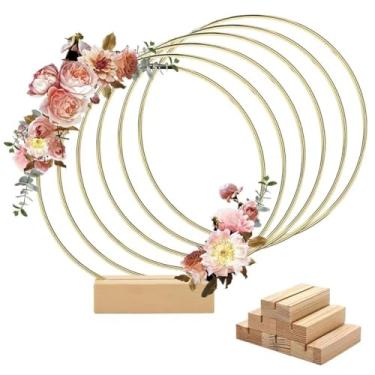 Imagem de Conjunto de 6 peças de argola floral de metal com 6 suportes de madeira para decoração de mesa de casamento, guirlanda de pendurar na parede, macramê apanhador de sonhos, projetos de artesanato DIY