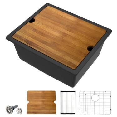 Imagem de Dcolora Pia de barra composta de granito preto de 53 cm, pia de preparação de tigela única de quartzo com cantos arredondados R15