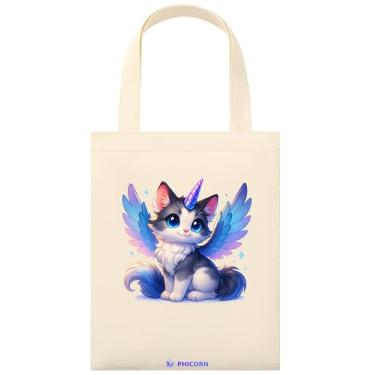 Imagem de Phicorn Sacolas pequenas de algodão, 23 cm x 28 cm, sacolas de lona reutilizáveis lisas e impressas para artesanato DIY, uso diário e presentes de férias (impressão Phicorn Friends - Catcorn voador)