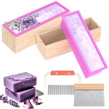 Imagem de Kit de molde de sabão retangular de 2 peças com cortador 1,150 g molde de sabão de silicone flexível com caixa de madeira raspador reto ondulado de aço inoxidável para artesanato caseiro