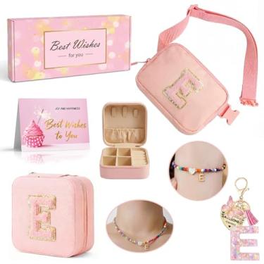 Imagem de Tindisonka Conjunto de pochete rosa com letra E para meninas – Bolsa de cinto transversal 2 em 1 com caixa de joias com letra E, colar, pulseira e chaveiro, presente personalizado fofo para idades de