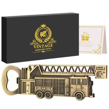 Imagem de LULLEA Abridor de garrafas para bombeiros – Presentes peculiares de bombeiros para homens, pai, vovô – Acessório de barra em forma de carro de bombeiros bronze com caixa de presente – Perfeito para