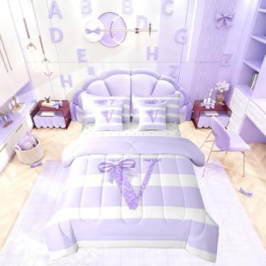 Imagem de Conjunto de edredom solteiro com letra V com laço roxo, 7 peças, para crianças, adolescentes, mulheres, kawaii, com laço, listras, estética moderna, respirável, decoração de quarto