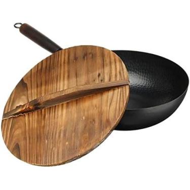 Imagem de Wok Pan 32cm Artesanal Chinês Ferro Frigideira Sem Revestimento Cozinha Wok Frigideira Antiaderente Panela De Vidro/tampa De Madeira Panelas Cozinha Cozinhar Ferramentas,Com Tampa De Madeira,Hilar