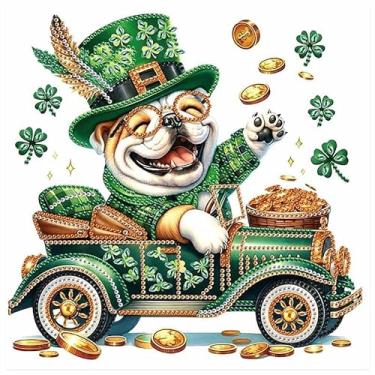 Imagem de MVVMTOP Kit de pintura de diamante, dia de São Patrício, trevo de cachorro, moedas da sorte, formato especial, 5D, cristal parcial, arte de diamante, faça você mesmo, presente de decoração de parede