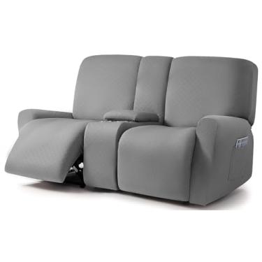 Imagem de ULTICOR Namoradeira reclinável com design de jacquard quadrado com capa de console médio, capas de sofá elásticas de 8 peças, capa reclinável de 2 lugares (poltrona com capa reclinável para console, cinza claro)