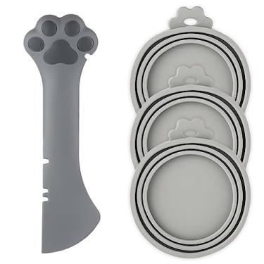 Imagem de 3 capas de lata de comida, tampas de lata de comida com lindas tampas de silicone para abridor de colher em forma de pata para cães e gatos (cinza)
