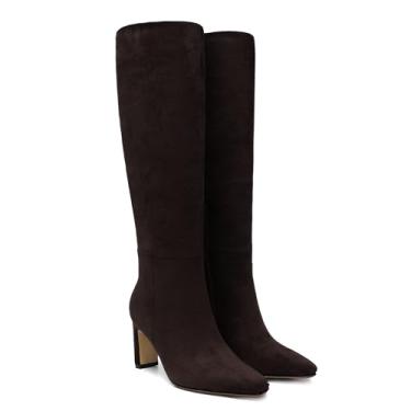 Imagem de Botas de cano alto bordô para mulheres, bico quadrado, salto grosso, vestido de outono, botas altas elásticas com zíper, Marrom chocolate, 4.5 UK