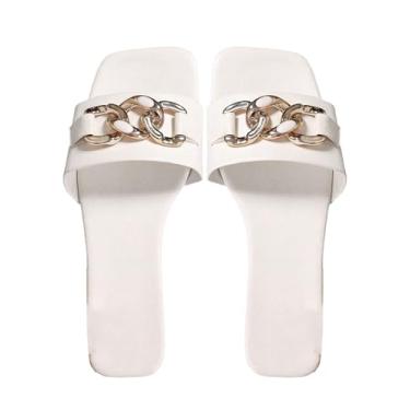 Imagem de GORGLITTER Sandálias femininas com corrente de metal com bico quadrado de couro sem cadarço modernas para uso ao ar livre, Branco, 38