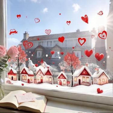 Imagem de 2 folhas de adesivos eletrostáticos para janela feliz dia dos namorados, adesivos de janela de coração vermelho e casa, adesivos românticos para festas, casa, sala de aula, decoração de vidro