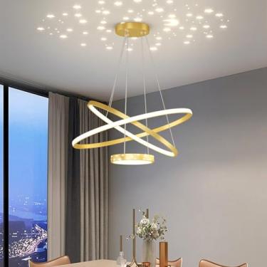 Imagem de Luminária pendente LED moderna com anéis, design céu estrelado, para sala de jantar, com intensidade regulável, controle remoto e altura ajustável, ideal para sala de estar, sala de jantar,