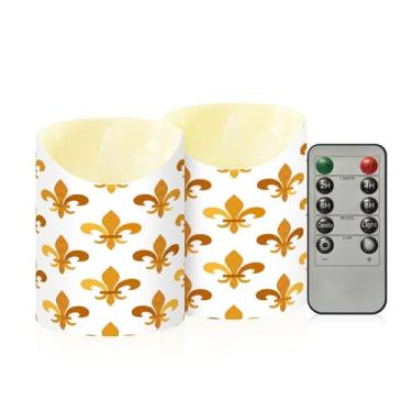 Imagem de Wassud Pacote com 2 velas amarelas flor-de-lis sem chama com controle remoto, velas realistas cintilantes com temporizador, velas decorativas para Natal, casamento, festa, decoração de casa pequena