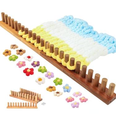 Imagem de Manta de madeira grossa tear de fio grosso, tear de tricô à mão grande 81 cm com 24 pinos de madeira - design portátil ajustável, kit de artesanato para alívio de estresse DIY para iniciantes (2)