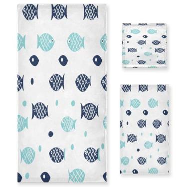Imagem de xigua Conjunto de toalhas de banheiro com padrão de peixe absorvente macio 3 peças toalha de banho toalha de mão toalhas decorativas para banheiro, academia, hotel, praia, piscina
