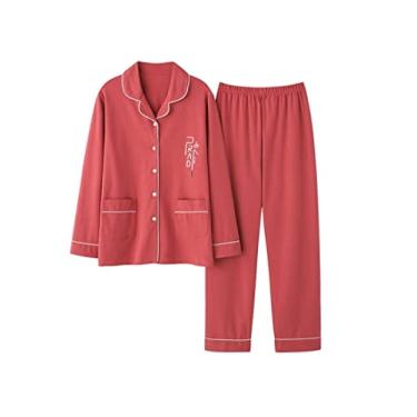 Imagem de HHHJQFAAT Conjunto de pijama feminino outono e inverno gola virada para baixo pijama plus size pijama feminino (rosa grande)
