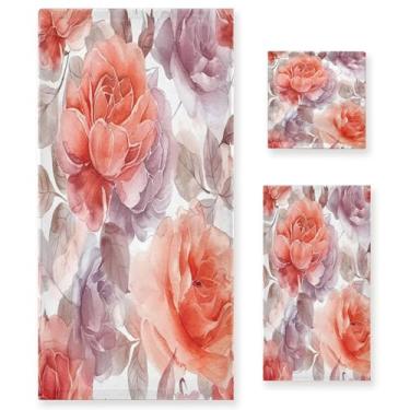 Imagem de xigua Conjunto de toalhas de banheiro floral rosa aquarela absorvente macio 3 peças toalha de banho toalha de mão toalhas decorativas para banheiro, academia, hotel, praia, piscina