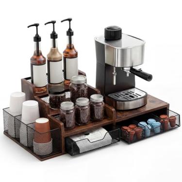Imagem de Potchen Organizador de mesa de café de madeira com gaveta de armazenamento de cápsulas deslizantes de 3 camadas compatível com suporte de armazenamento de copos K para acessórios de barra de bancada