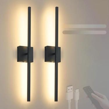 Imagem de GZZBMY Lâmpada de parede com bateria LED com controle remoto iluminação de parede regulável rotação 360° USB recarregável sem fio luzes de parede interruptor de toque temporizador sala de estar escada
