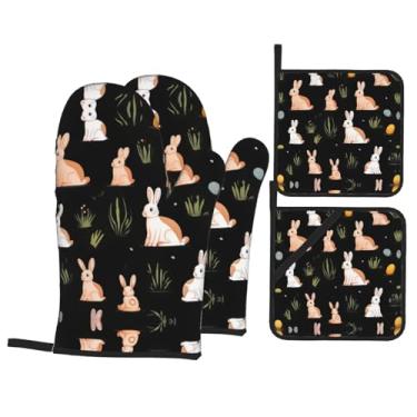 Imagem de Conjunto de luvas de forno com estampa de animais e grama, conjunto de 4 peças adequado para grelhar, cozinhar e assar