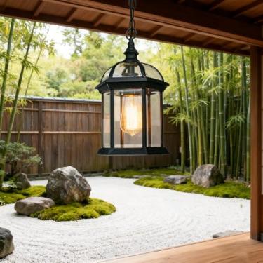 Imagem de Luminária pendente vintage para exterior, lanterna suspensa de vidro e metal com lâmpada estilo Edison, à prova d'água, ideal para varanda/pátio/terraço/porta de entrada (DD-C)